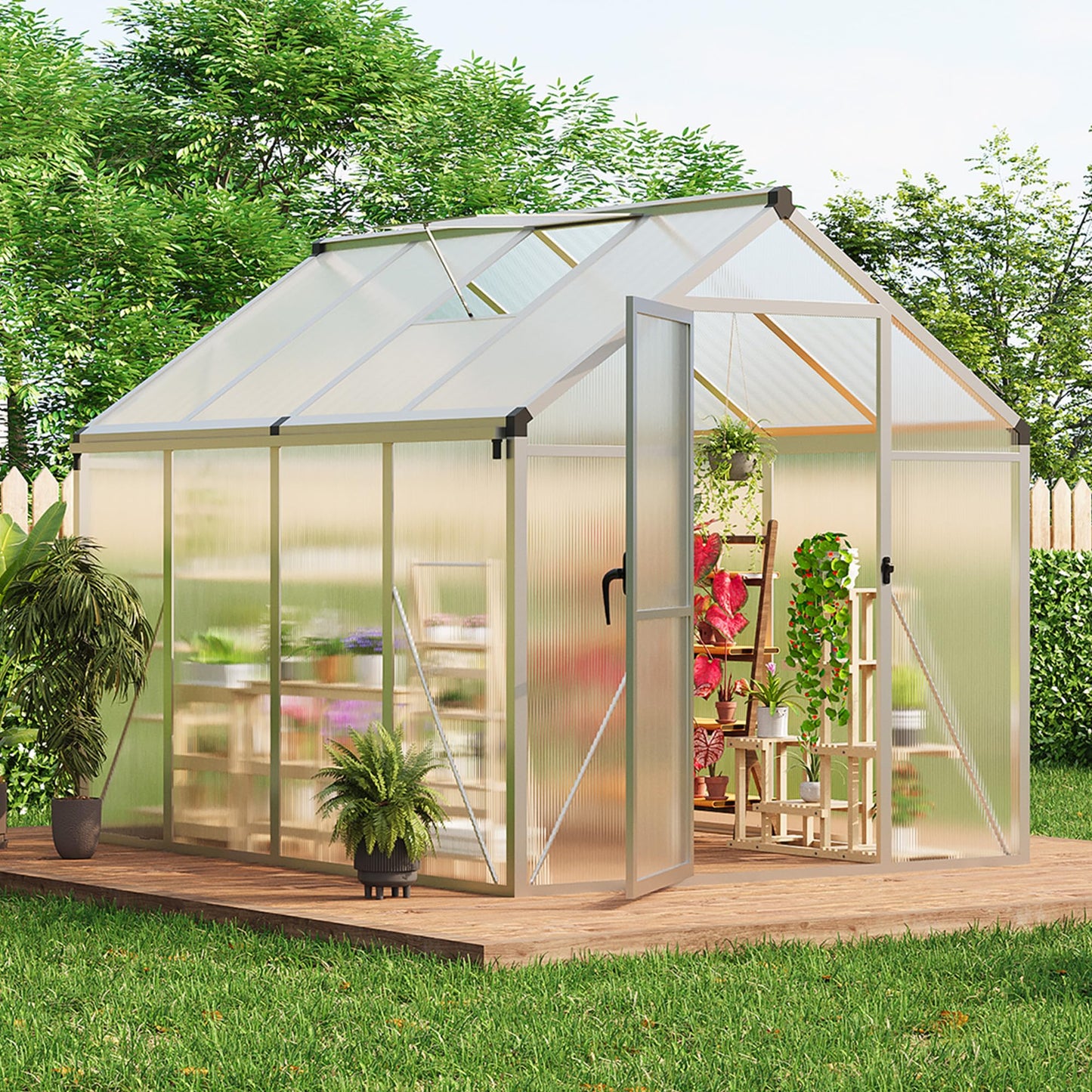 6×8 FT Greenhouse, Large Walk in Greenhouses for Outdoors and Garden Planting, Polycarbonate Greenhouse with Enhanced Aluminum Frame, Green Houses with Quick Setup Structure and Roof Vent, Silver