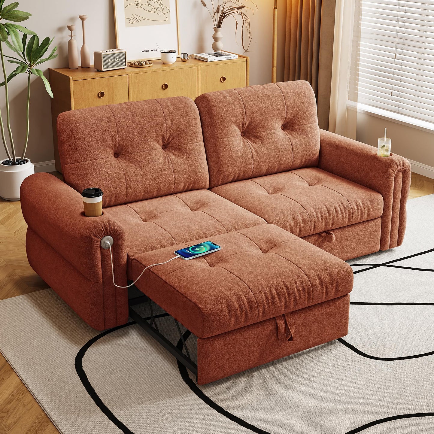 KEIKI 3 in 1 Sleeper Sofa Bed, 80.4" Pull Out Couch, Loveseat Sofa Futon Bed with USB Port for Living Room, Bedroom, Apartment, Orange