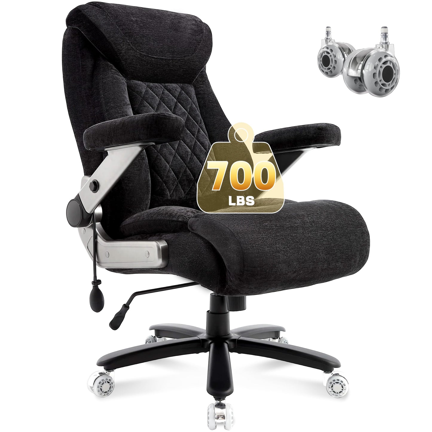 Fabric 700lbs Big and Tall Office Chair, Ergonomic Heavy Duty Executive Cloth Office Chair with 5D Flip Arms & Adjustable Lumbar Support & Dual Rubber Wheel, Large Thick Padded Extra Wide Seat, Black