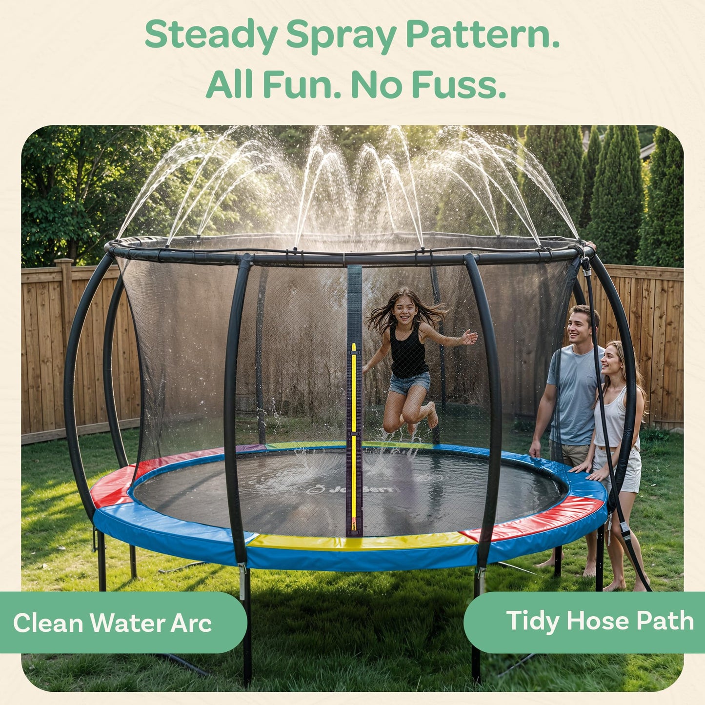 JoyBerri Trampoline Outdoor - Upsurge ASTM Certified Safe 8Ft 10Ft 12Ft 14Ft 15Ft 16Ft Recreational Trampoline for Kids and Adults. Anti-Rust Coating with Enclosure Net, Ladder, Sprinkler & LED Lights