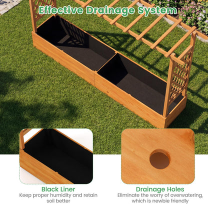 Giantex 2 Pcs Raised Garden Bed with Trellis & Hanging Roof, Wood Planter Box with Bottom & Drainage Holes, Freestanding Garden Planter for Flower Fruit Vegetable Herb Climbing Vine (77"x14.5"x45")
