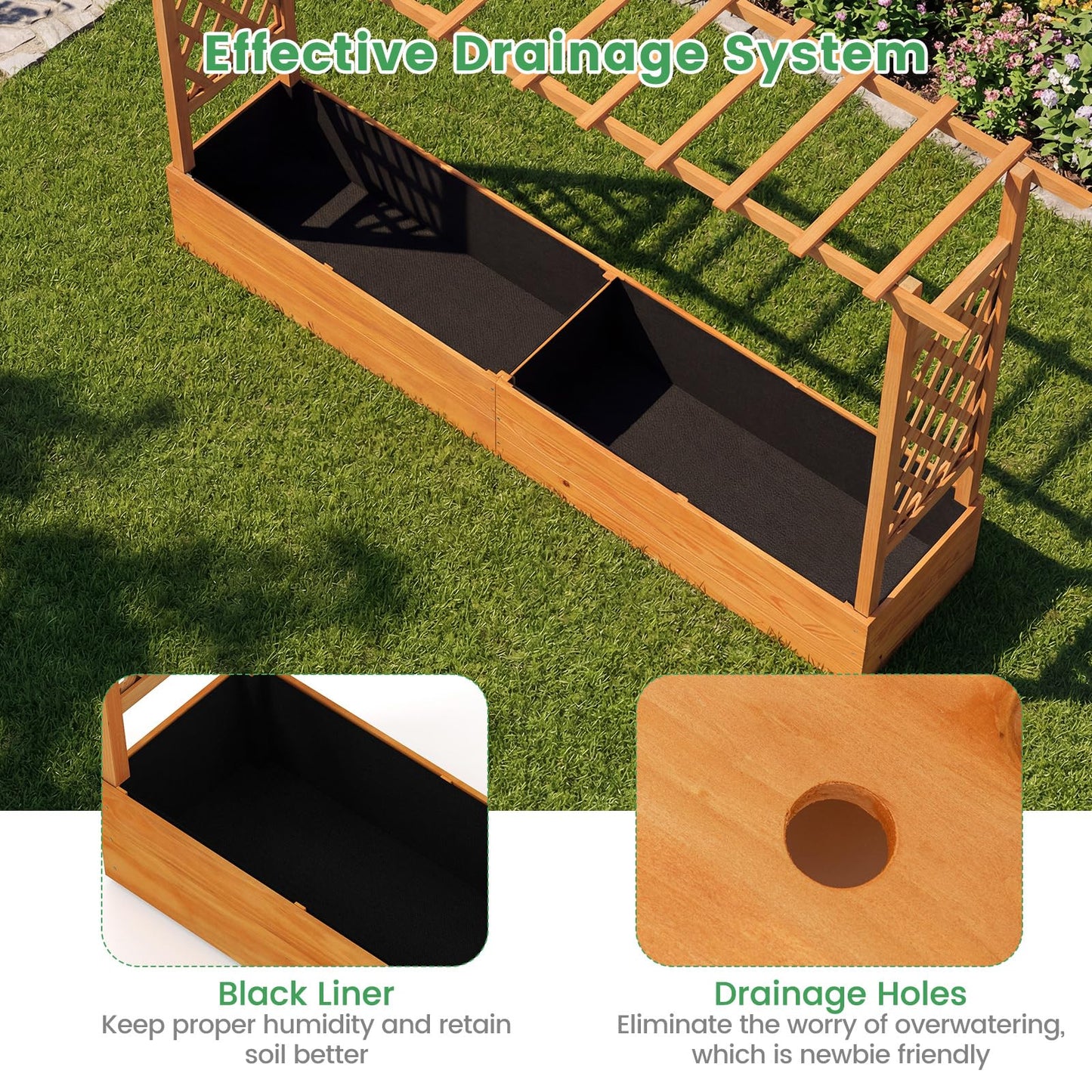 LDAILY Raised Garden Bed with Trellis, Above Ground Garden Bed with Hanging Roof, Side Trellis, & 6 Drainage Holes, Planter Box for Outdoor Climbing Plants Vines Flowers