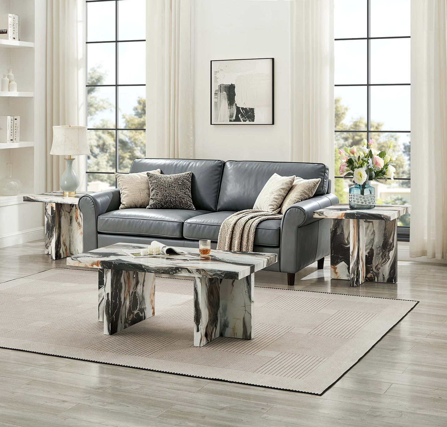 Roundhill Furniture Mchome 3-Piece Coffee Table Set, Coffee Table and Two End Tables, Off-White Faux Marble
