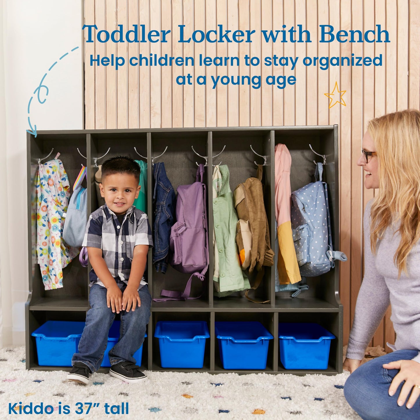 ECR4Kids Streamline 5-Section Coat Locker with Bench and Scoop Front Storage Bins, Toddler Size, Grey Wash, Classroom Furniture, Blue