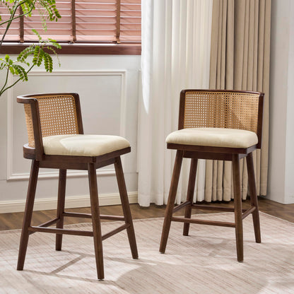 Christopher Knight Home Aphe Counter Height Bar Stools Set of 2, Fabric Upholstered Bar Stool for Kitchen Island, Rubberwood Counter Stools with Woven Rattan Backrest, Beige + Dark Walnut