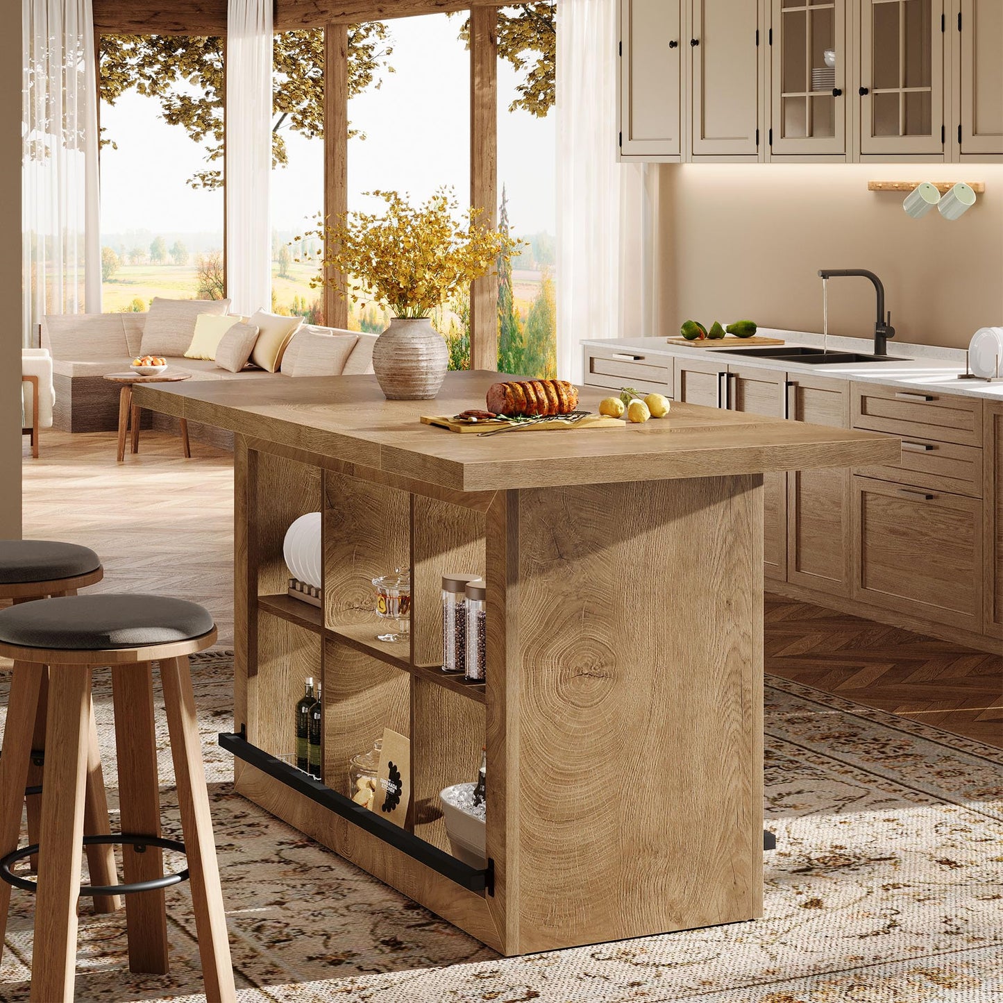 Tribesigns Kitchen Island with Storage, Counter Height Kitchen Island Table with 6 Open Cubbies and Footrests, Coffee Bar Table for Dining Room, Brown