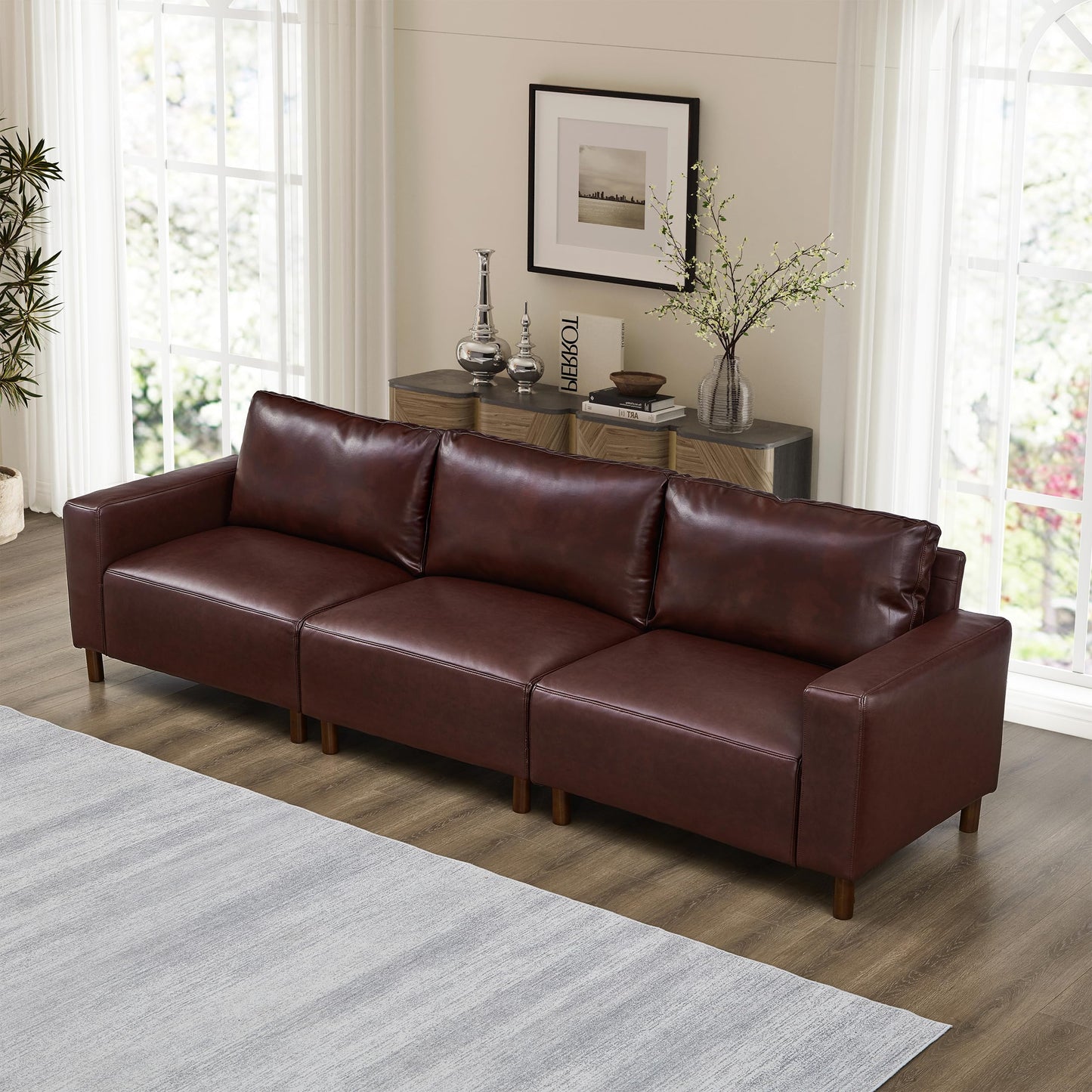 KEIKI 112 Inch PU Leather Sofa, Luxury Cloud Couch Sofa Sleeper Chair, Corner Comfy Upholstered 3-Seater Cloud Couch, Big Accent Deep Seating for Office Apartment Living Room, Easy Assembly, Burgundy