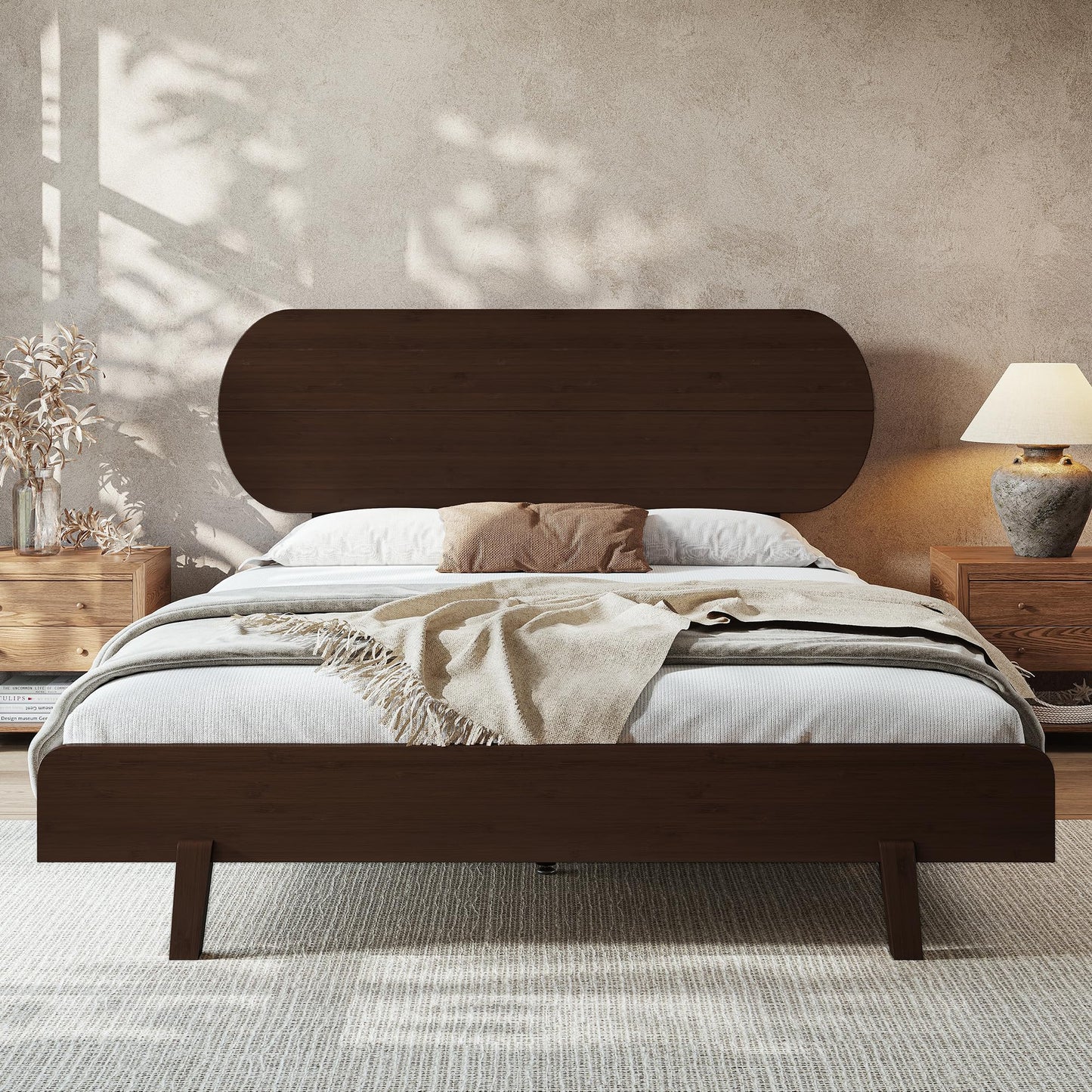 KEIKI Queen Size Bamboo Platform Bed with Round Shape Headboard, Mid-Century Modern Floating Bed Frame with Solid Support Slats, No Box Spring Needed, Easy Assembly, Noise Free, for Bedroom, Espresso