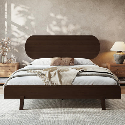 KEIKI Queen Size Bamboo Platform Bed with Round Shape Headboard, Mid-Century Modern Floating Bed Frame with Solid Support Slats, No Box Spring Needed, Easy Assembly, Noise Free, for Bedroom, Espresso