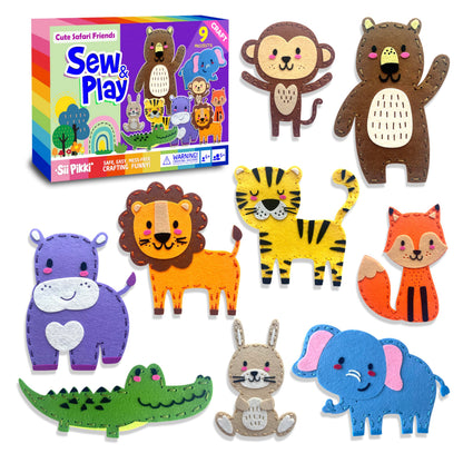Sii Pikki Sewing Kit for Kids – 9 Easy Projects Cute Safari Animals, Beginner Sewing Kit with Felt & Instructions, Kids Sewing Kit Ages 6-12, Learn to Sew Arts & Crafts for Kids, Gift for Girls Boys