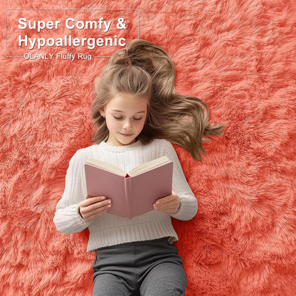 OLANLY Small Bedside Rug - Soft Fluffy Shaggy Indoor Carpet for Kids & Living Room | Coral Red 2x3