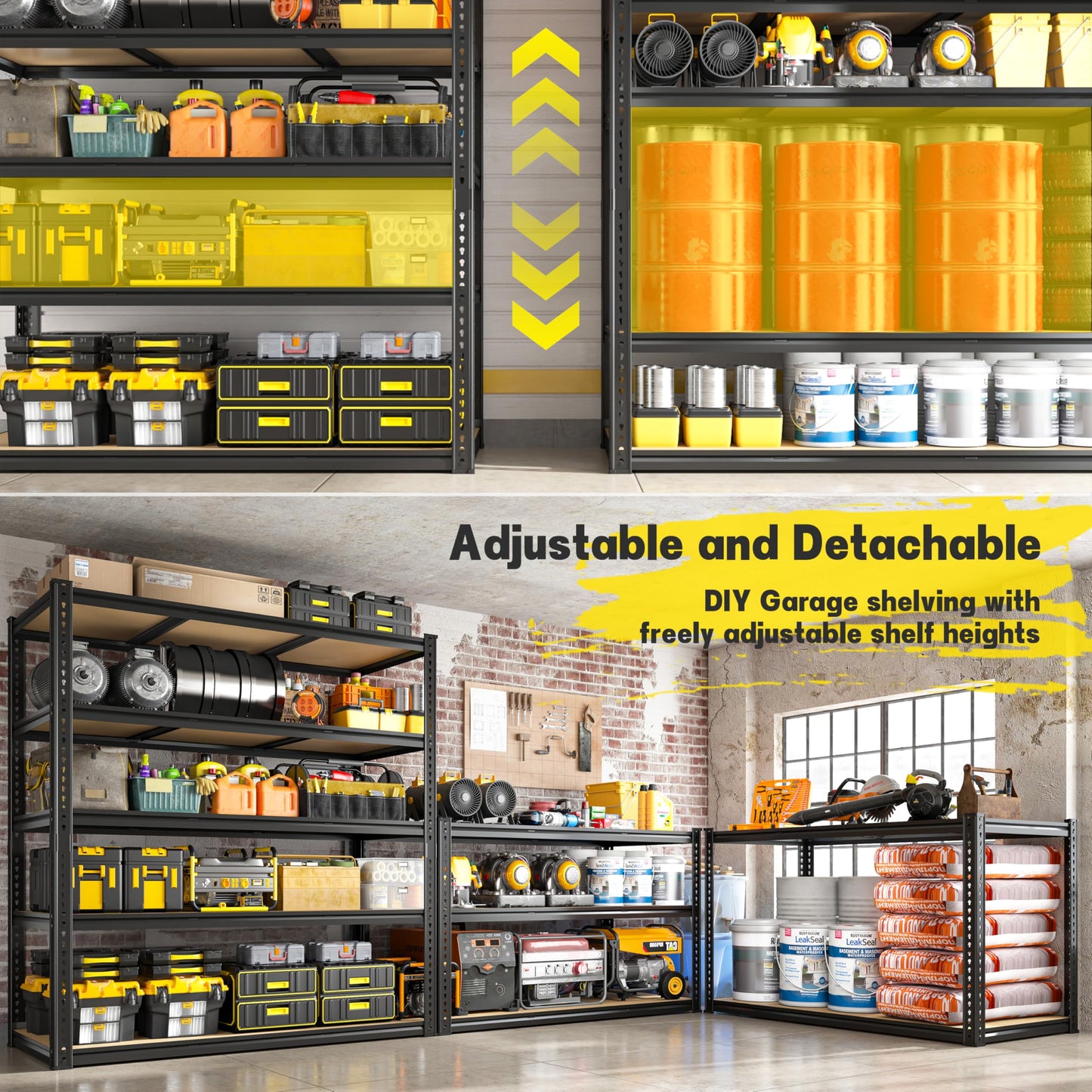 48" W Garage Shelving Heavy Duty 3080LBS Garage Storage Shelving, 5 Tier Adjustable Metal Shelving Unit Utility Rack Shelf for Warehouse, Pantry, Closet, Kitchen 72" H x 48" W x 24" D, Black,2PCS