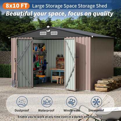 8x10 FT Metal Shed Outdoor Storage Shed with Solar Light, Lockable Door, Air Vents, Utility Sheds & Outdoor Storage, Durable Outside Storage Sheds for Backyard Patio Lawn