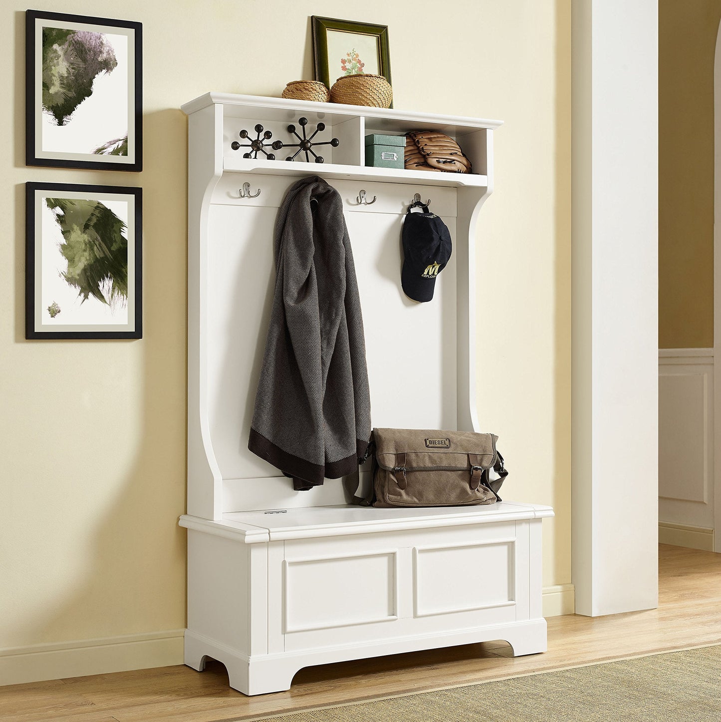 Crosley Furniture Campbell Hall Tree with Storage Bench and Coat Rack Hooks for Hanging, White