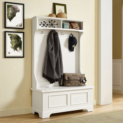 Crosley Furniture Campbell Hall Tree with Storage Bench and Coat Rack Hooks for Hanging, White