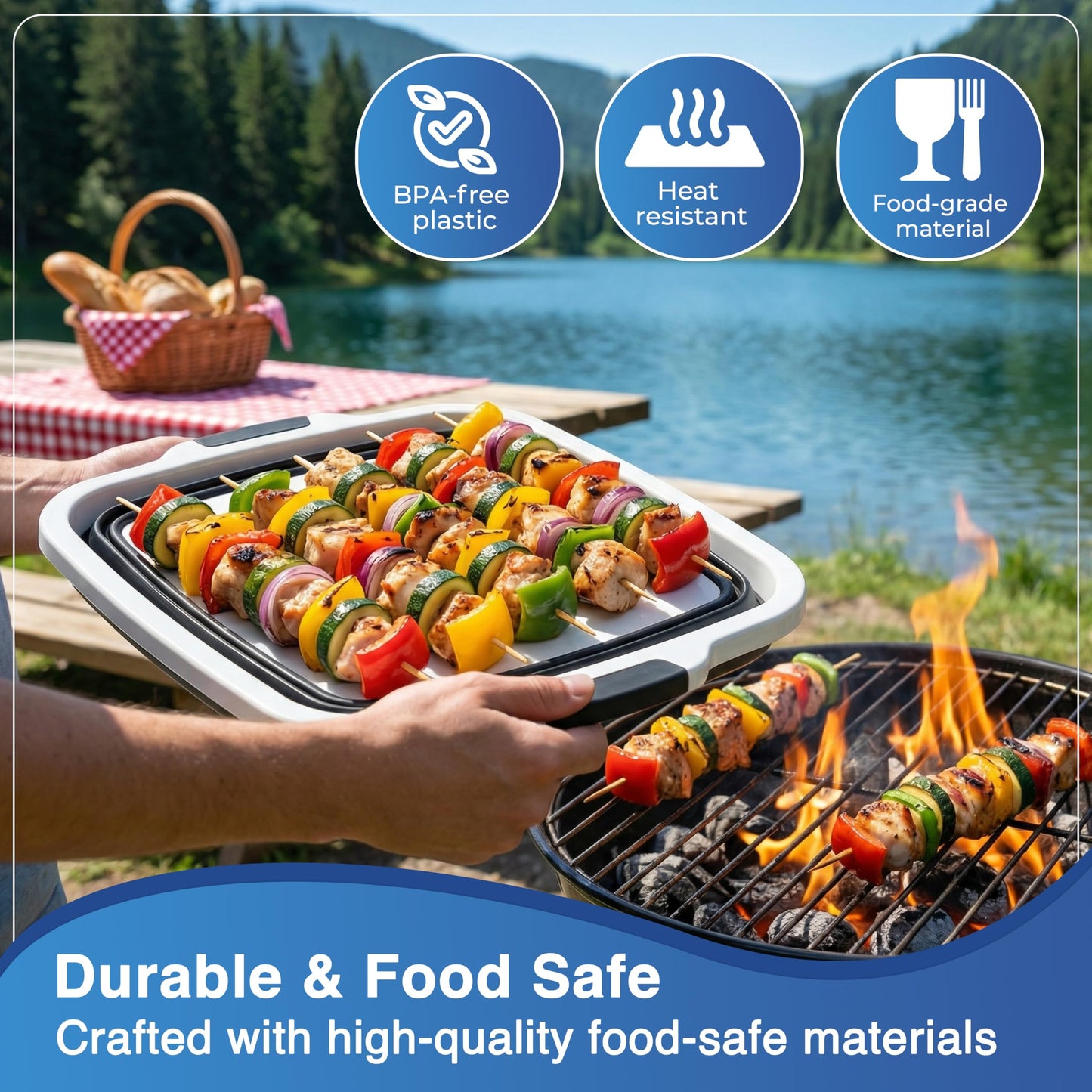 3pcs BBQ Prep Tub, BBQ Blanket, Meat Shredder Claws | Collapsible 3 in 1 Cutting Board with Colander & Dish Basin, Insulated 21" Meat Resting Bag, Barbecue Grilling Accessories with Tub