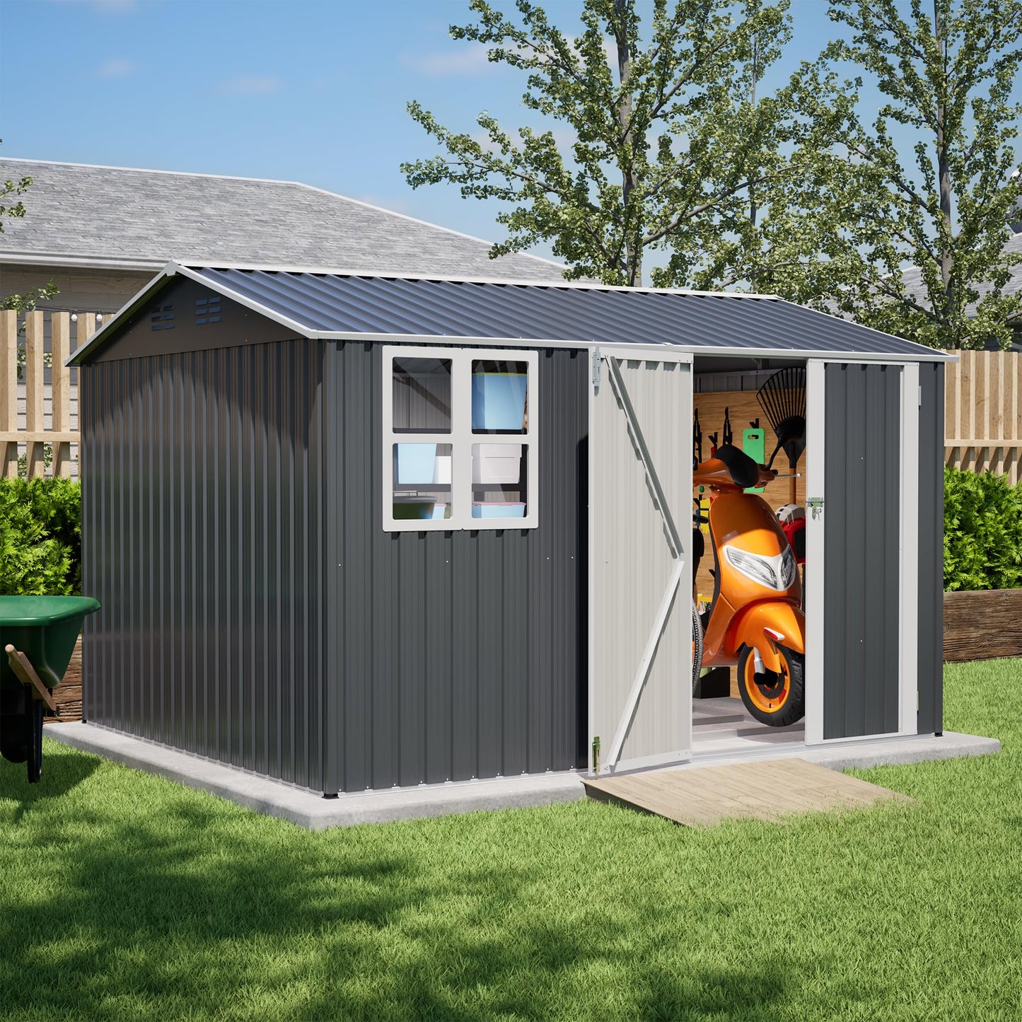YOPTO 10X8 FT Outdoor Storage Shed,Metal Shed W/Window,Floor Frame & Lockable Swing Door,Garden Tool House W/ 4 Air Vents & Sloped Roof,for Backyard Patio Lawn,Gray
