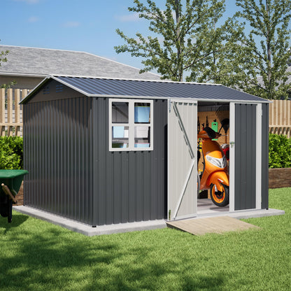 YOPTO 10X8 FT Outdoor Storage Shed,Metal Shed W/Window,Floor Frame & Lockable Swing Door,Garden Tool House W/ 4 Air Vents & Sloped Roof,for Backyard Patio Lawn,Gray