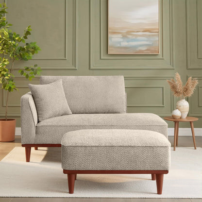 ERYE Right Facing Boucle Upholstered Chaise Lounge with Ottoman and Wooden Accent, Modern Minimalist Chaise Lounge Single Leisure Recliner Daybed for Living Room Bedroom