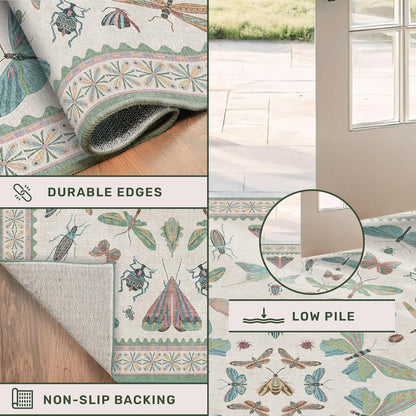 Regine Switzerland Washable Sage Green Large Entryway Rug - Non-Slip Vintage Floral Design, 3x5