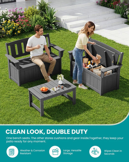 SERWALL HDPE Outdoor Storage Bench, All-Weather, UV-Resistant Deck Box with Waterproof Storage Bags, 57 Gallon Dual-Use Seat & Organizer Deck Boxes for Patio, Garden Tools & Pool (Gray)