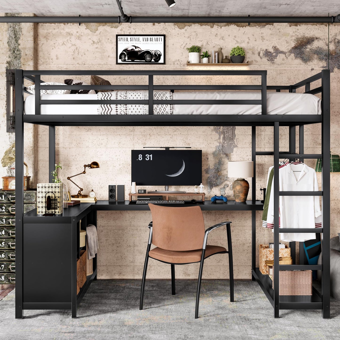 KEIKI Twin XL Metal Loft Bed with L-Shaped Desk and Wardrobe, Heavy Duty Loft Bed Frame with Storage Shelves & Cubes, Space Saving Loft Bed for Kids Teens Adults, Noise Free, Easy Assembly, Black
