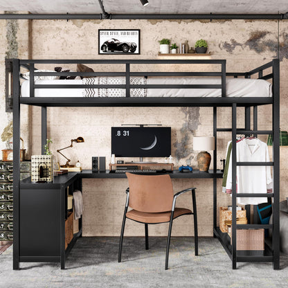 KEIKI Twin XL Metal Loft Bed with L-Shaped Desk and Wardrobe, Heavy Duty Loft Bed Frame with Storage Shelves & Cubes, Space Saving Loft Bed for Kids Teens Adults, Noise Free, Easy Assembly, Black