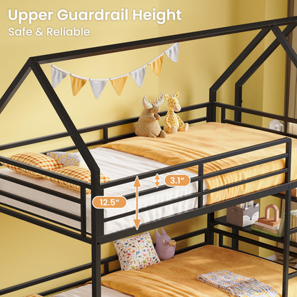 LIKIMIO Bunk Bed Twin Over Twin, Twin Bunk Beds Frame with 3-Tier Storage Bookshelf, Metal Twin House Bed Ladder and Safety Guardrail, Space Saving for Apartment or Dorm, No Box Spring Needed, Black