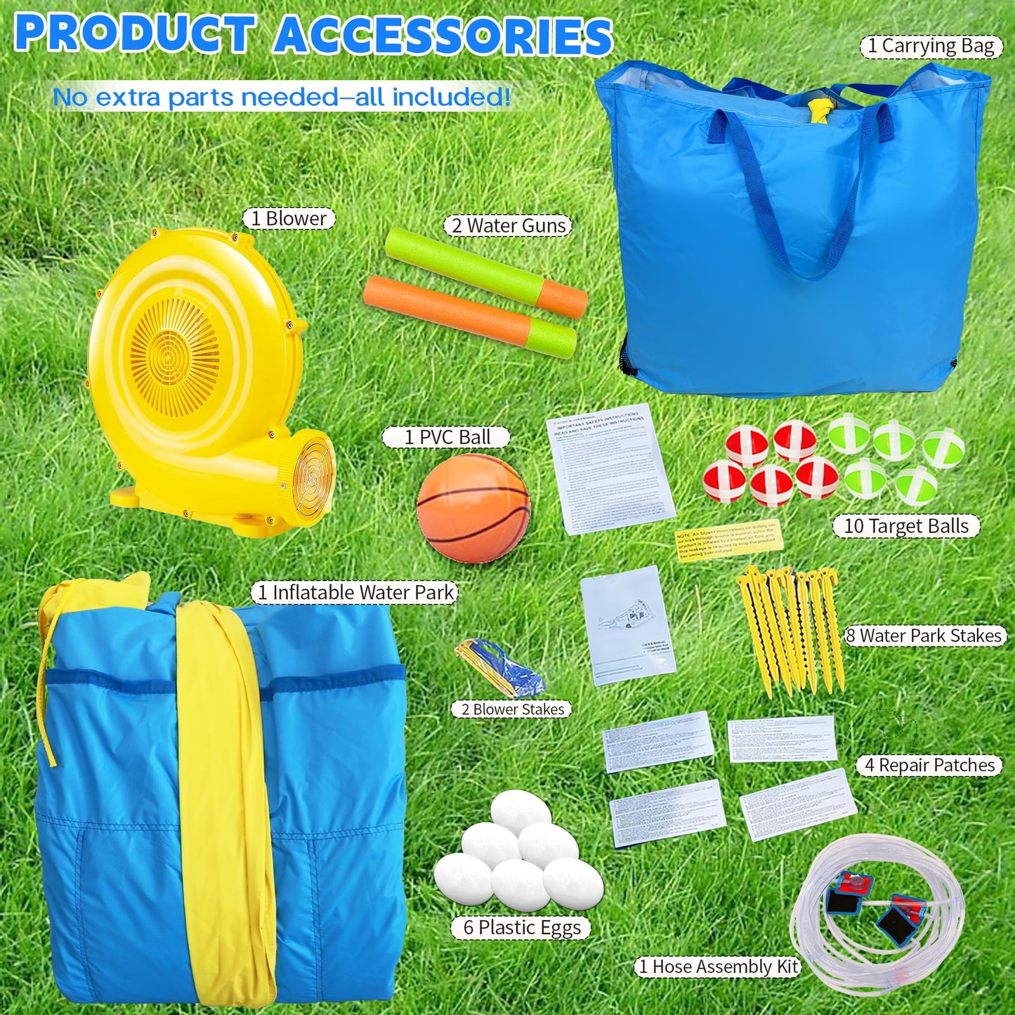 Inflatable Water Park for Kids 3-10yr, 12-in-1 Large Water Slide Bounce House with Dual Slide, Blower, 2 Splash Pools, Climbing Wall, Tunnel, Water Cannon, Basketball, Blow Up Water Slide for Backyard