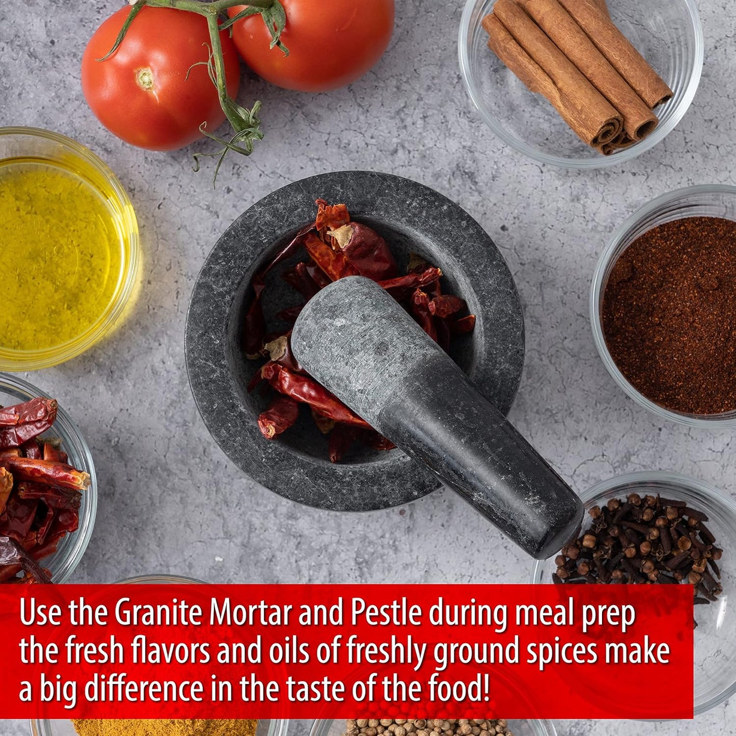 Set 5 Inch Maxam Mortar and Pestle - - Heavy Natural Granite Spice Grinder Bowl, Herb Crusher, Make Fresh Guacamole at