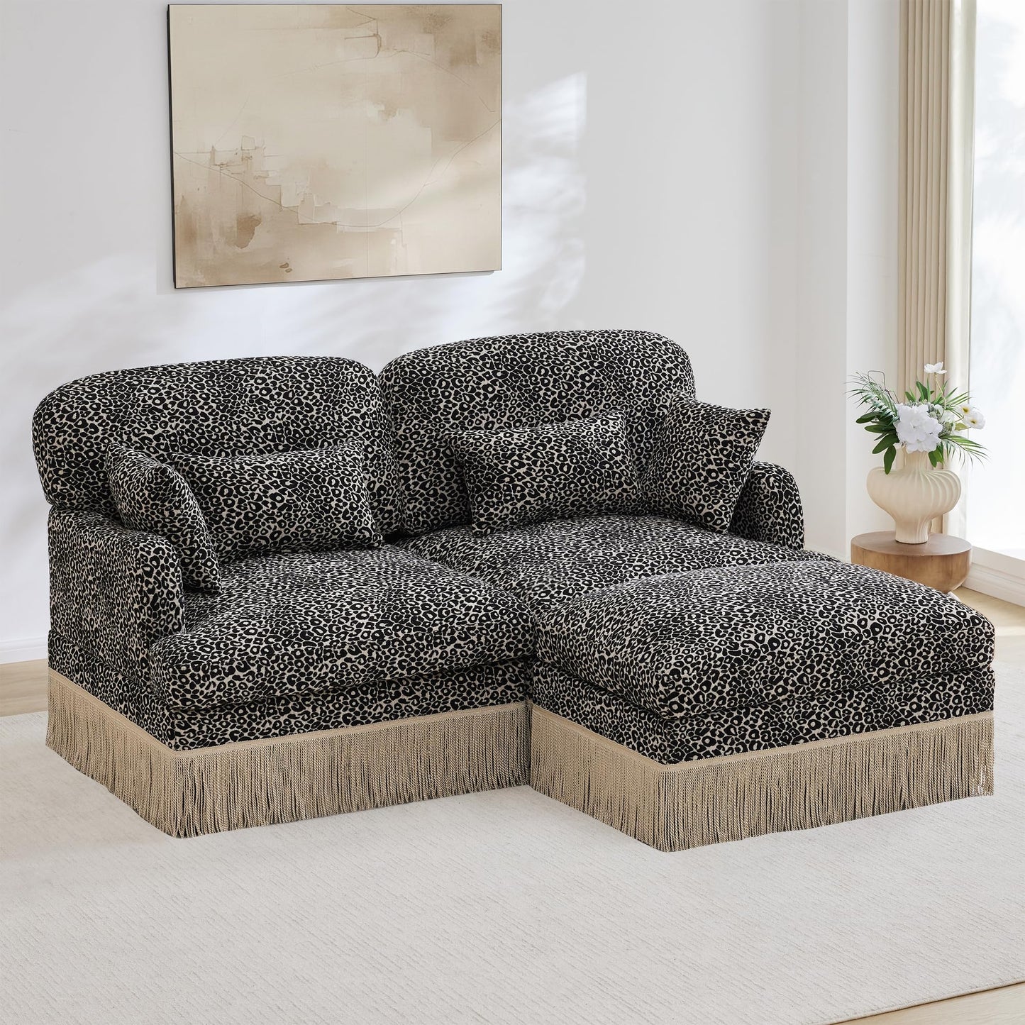 KEIKI 69.2" L Shaped Loveseat Sofa with Ottoman, Modular Chenille Leopard Print Couch with Tassel Trim, Deep Seat Sectional Sofa for Bedroom Lounge Setup