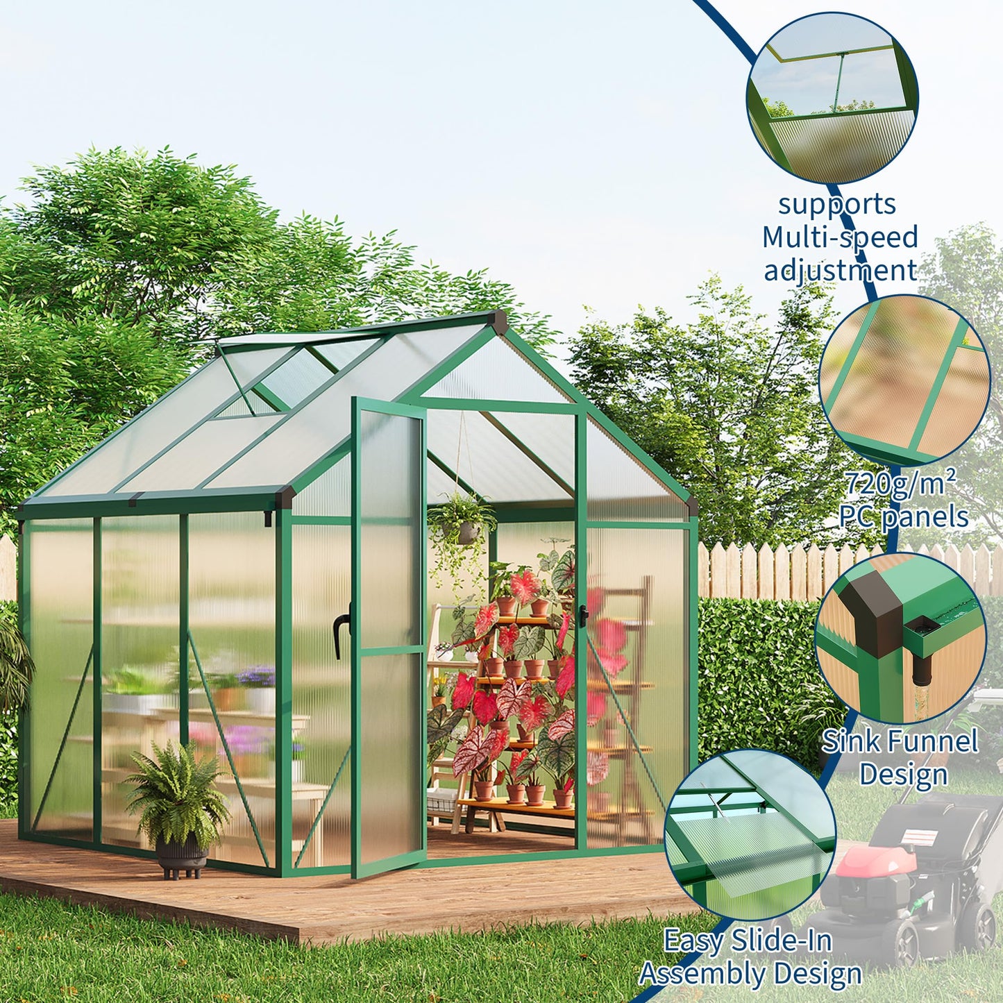 IDEALHOUSE 6×6 FT Greenhouse, Large Walk in Greenhouses for Outdoors and Garden Planting, Polycarbonate Greenhouse with Enhanced Aluminum Frame, Green Houses with Quick Setup Structure and Roof Vent