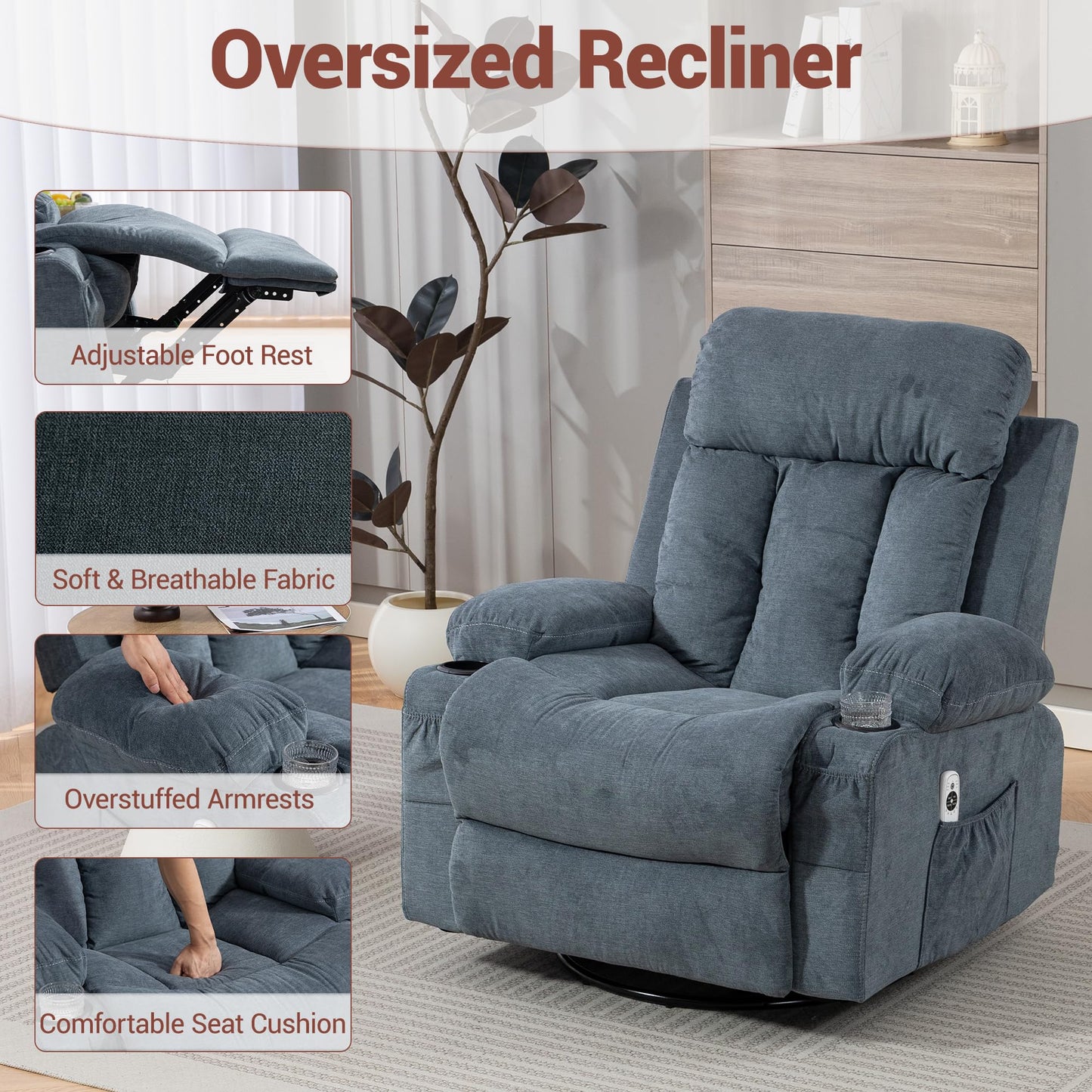 WiNVO 360° Swivel Rocking Chair, Rocker Recliner Chair with Vibration Massage and Heat, Ergonomic Lounge Chairs with Rocking Function and Side Pocket, Cup Holders, Blue