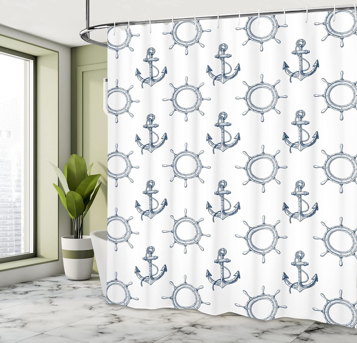 Ambesonne Ships Wheel Shower Curtain, Night Blue Anchors and Steering Wheels Pattern, Marine Themed Print, 69" W x