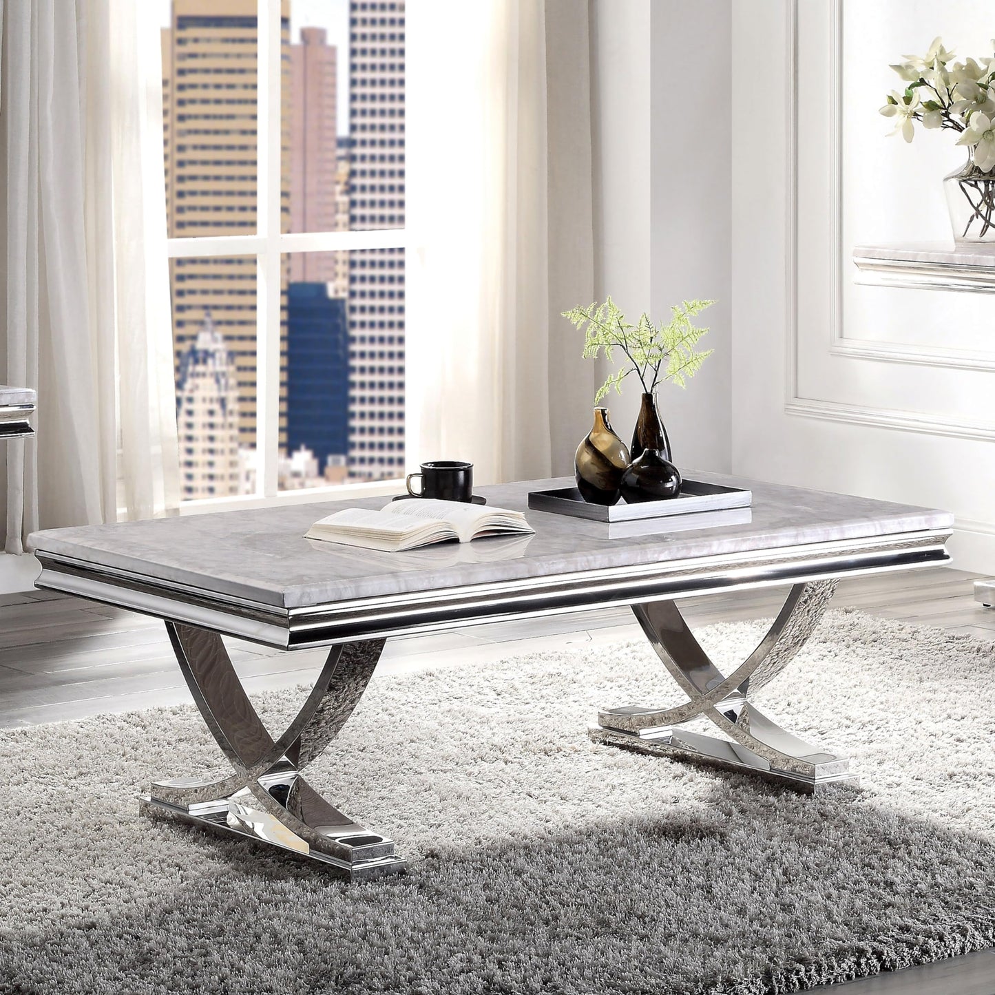Furniture of America Obera 18mm Faux Marble Top Coffee Table with X-Shaped Base, Metal Construction, Home Décor for Living Room, Lounge Area, Office, Chrome