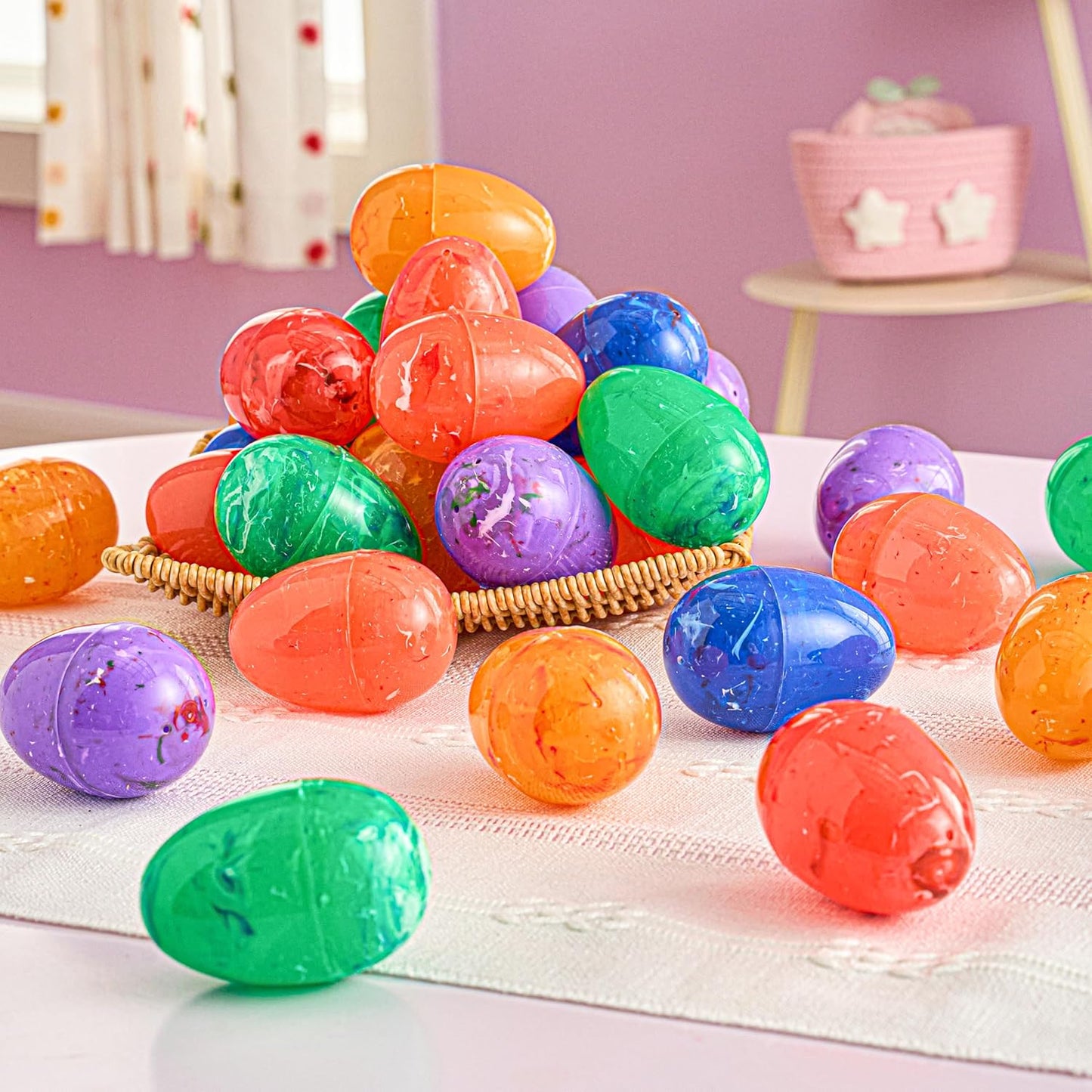 72 3.15" JOYIN Pcs Plastic Iridescent Printed Bright Easter Eggs Tall for Easter Hunt, Basket Stuffers Fillers