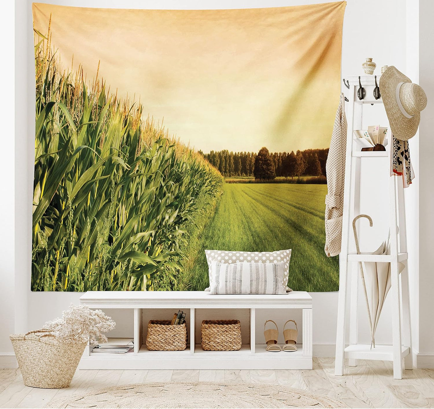 Lunarable Country Tapestry, Cornfield Farmland Landscape Scenics, Fabric Wall Hanging Decor, 45" X 30", Peach Lime Green