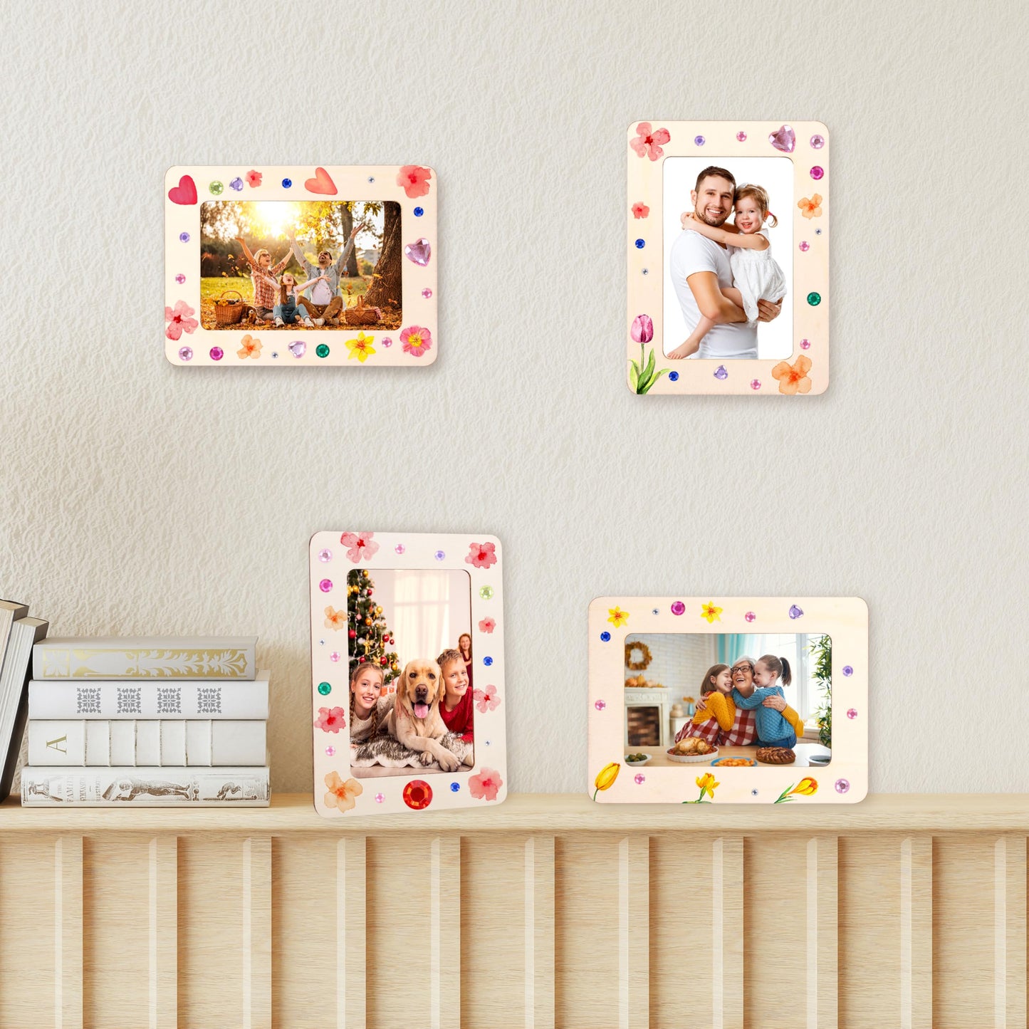 Fovths 10 Pcs Wooden Picture Frames for Crafts, 4 x 6 Inch DIY Wood Frames with Gem Stickers Acrylic Paint Brushes Palette, Unfinished Wood Photo Frame for DIY Painting Arts Projects Decorate