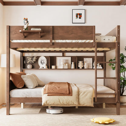 KEIKI Queen Over Queen Size Wooden Bunk Bed Frame with Convenient Tray & Built-in Storage Shelves, Detachable Bunk Bed with Solid Slats, No Box Spring Required, Easy Assembly, for Bedroom, Brown