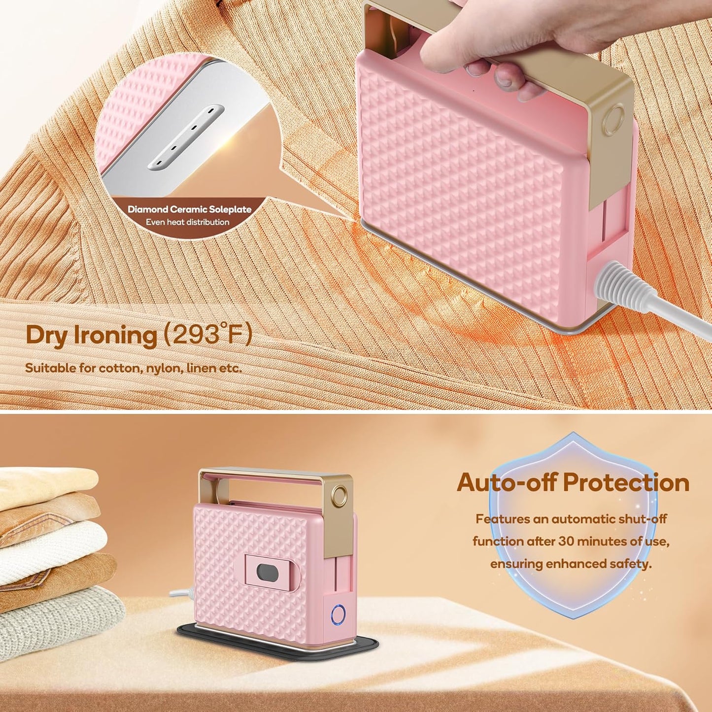 Newbealer Travel Steam Iron - Handheld Steamer with Non-Stick Soleplate & Auto-Off | Pink, Global Voltage 100-240V