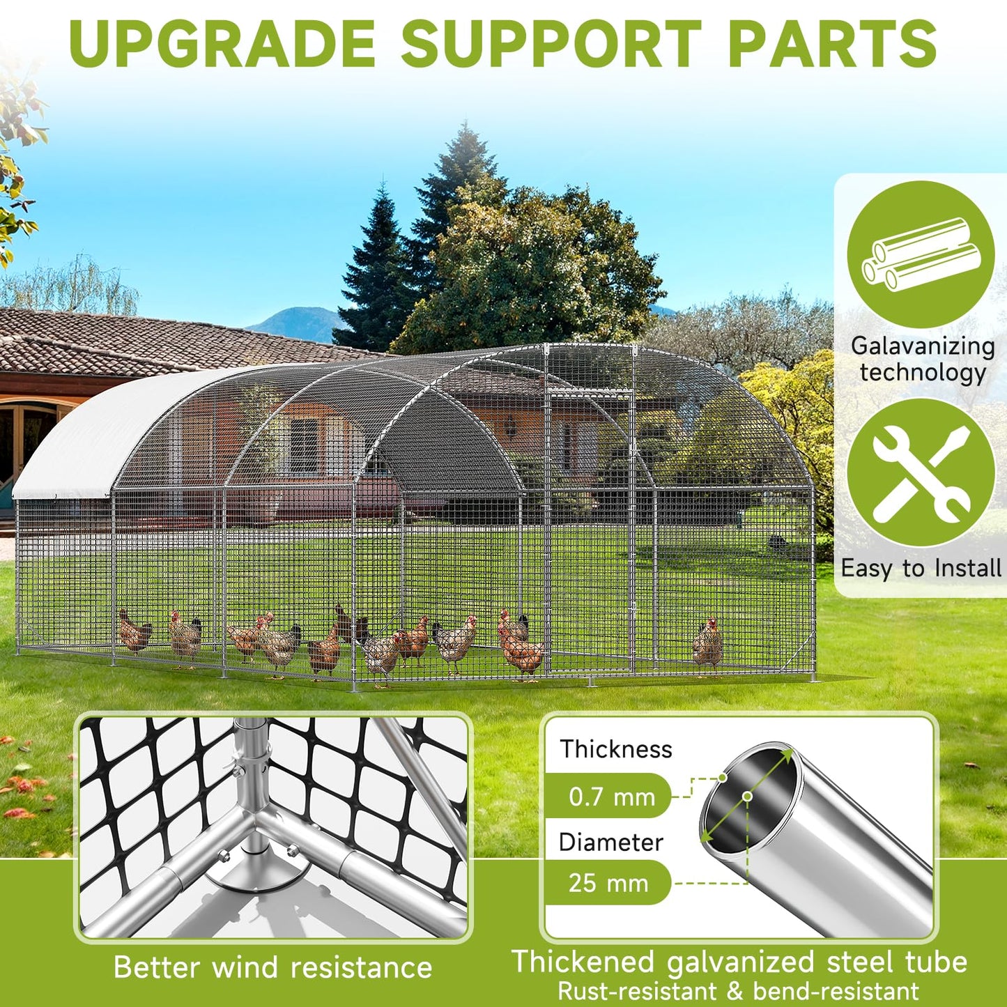 LEVELEVE Large Walk-in Chicken Coop with Chicken Run, Galvanized Poultry Enclosure with Waterproof Anti-UV Cover and Security Lock, Ideal for Rabbit, Duck, Backyard and Farm Yard, 19.7'x 9.8'x 6.6'