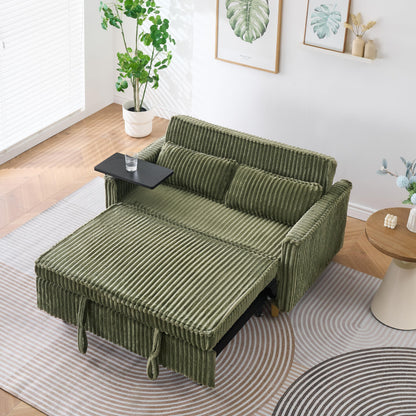 KEIKI 54" 3-in-1 Convertible Sofa Bed – Corduroy Futon Sleeper with Pull-Out Bed, Movable Tabletop, USB Ports – Small Loveseat for Living Room, Bedroom – Green