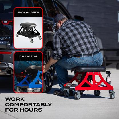Vyper Low Pro Garage Stool with Removable Seat for Mechanics, Automotive, DIY - 400 lb Capacity Rolling Shop Chair (Black Seat, Red Frame)