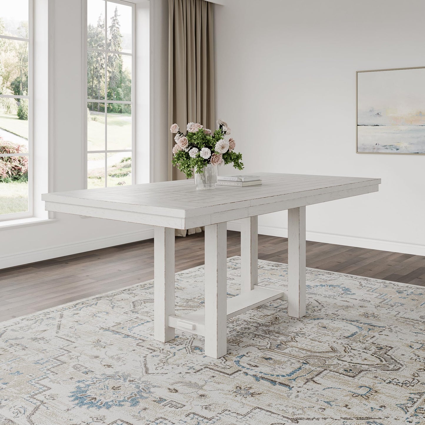 Signature Design by Ashley Robbinsdale Farmhouse Distressed Counter Height Dining Extension Table with Trestle Base, Planked Effect and 2 Removable End Leaves, White