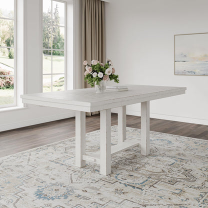 Signature Design by Ashley Robbinsdale Farmhouse Distressed Counter Height Dining Extension Table with Trestle Base, Planked Effect and 2 Removable End Leaves, White