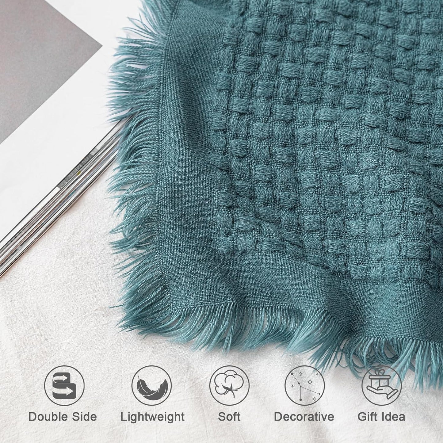 lifein Fall Throw Blanket for Couch, Soft Boho Knitted Teal Waffle Throw, Lightweight Blanket for Autumn Home Decor