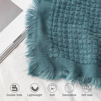 lifein Fall Throw Blanket for Couch, Soft Boho Knitted Teal Waffle Throw, Lightweight Blanket for Autumn Home Decor