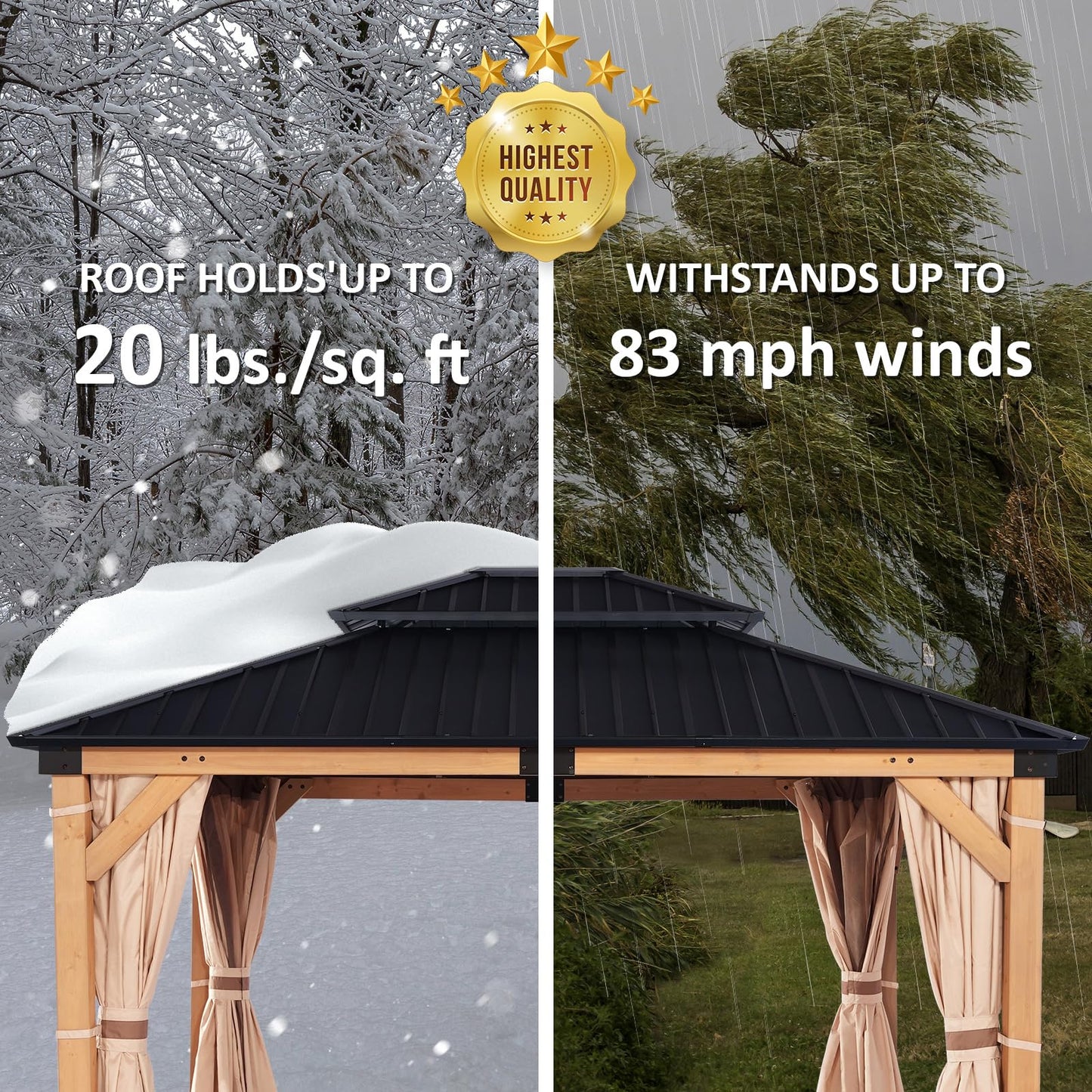 CHARMELEON 10x12 FT Cedar Wood Gazebo,Hardtop Wooden Gazebo with 4.6in Thickened Posts&High Load-Bearing Galvanized Steel Roof for Outdoor, Patio, Backyard-Natural