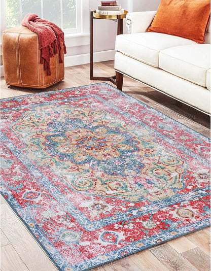 Superior Medallion Washable Rug, Non-Skid Backing, Pet & Kid Friendly, Easy Care, Non-Slip Rugs for Dining, Living Room, Kitchen, Bedroom, Low Pile Area Rug, Tanager Collection, 10' x 14', Red