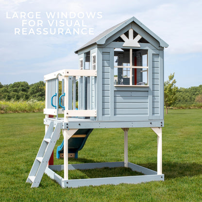 Backyard Discovery Beacon Heights Elevated Cedar Wooden Kids Playhouse with Wave Slide, Play Kitchen, Wrap-Around Deck, Flat-Step Ladder, Half Door, Windows, Bell, and Growth Chart for Outdoor Play